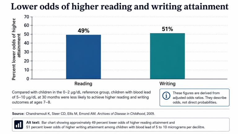 Bar chart showing approximately 49 per cent lower odds of higher reading attainment and 51 per cent lower odds of higher writing attainment among children with blood lead of 5 to 10 micrograms per decilitre, compared with a 0 to 2 reference group.