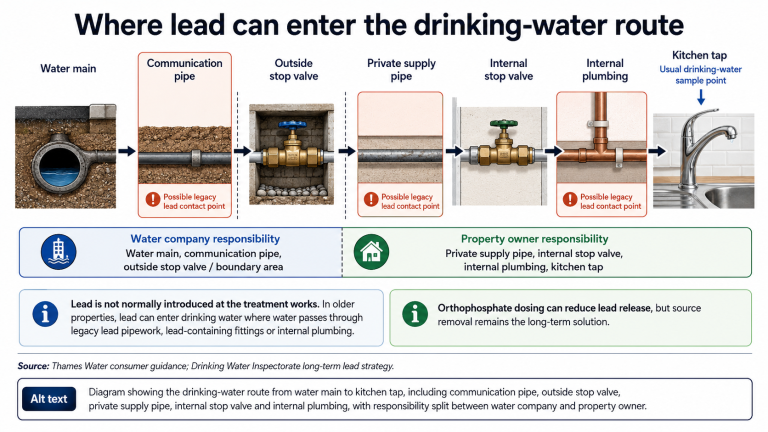 Diagram of the drinking water route from water main to kitchen tap, marking the communication pipe, private supply pipe and internal plumbing as possible legacy lead contact points, with responsibility split between water company and property owner.