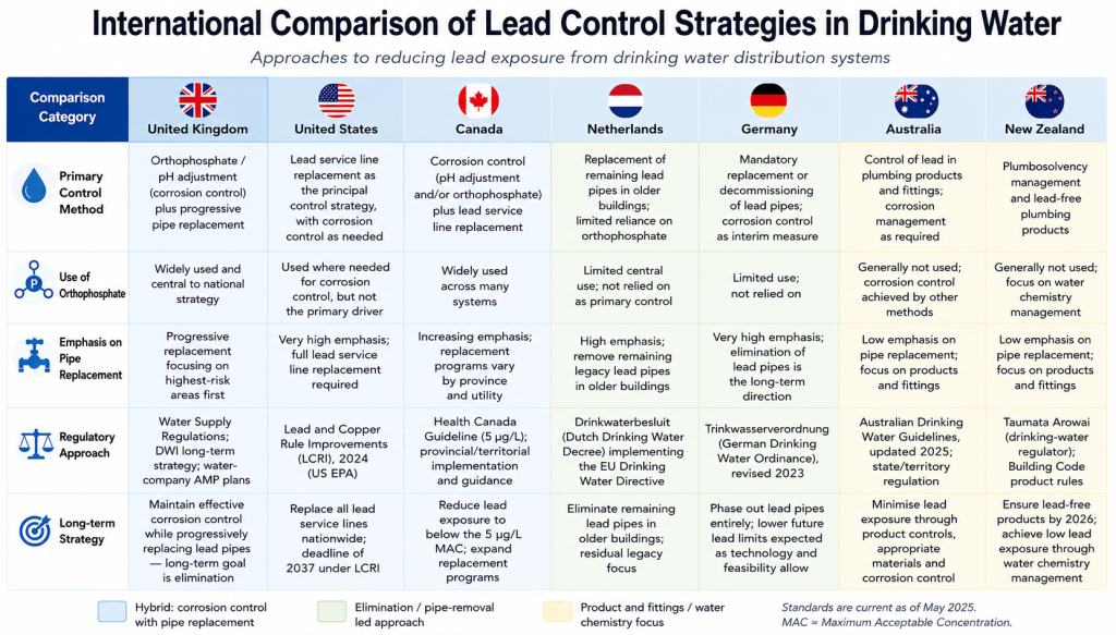 Table comparing drinking water lead control strategies in the United Kingdom, United States, Canada, Netherlands, Germany, Australia and New Zealand, covering primary control method, use of orthophosphate, emphasis on pipe replacement, regulatory approach and long-term strategy.