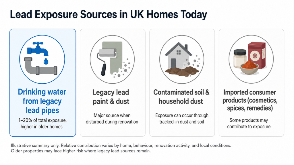 Four lead exposure sources in UK homes today: drinking water from legacy lead pipes at 1 to 20 per cent of total exposure, legacy lead paint and dust, contaminated soil and household dust, and imported consumer products.