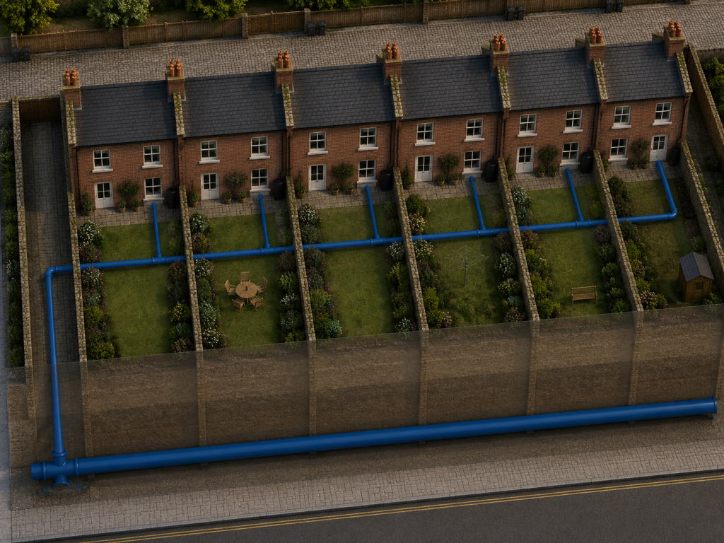 Aerial cutaway view of a row of Victorian terraced houses showing a single shared water supply pipe running along the rear of the properties, with short branches teeing off to serve each house, rather than each house having its own separate connection from the street.