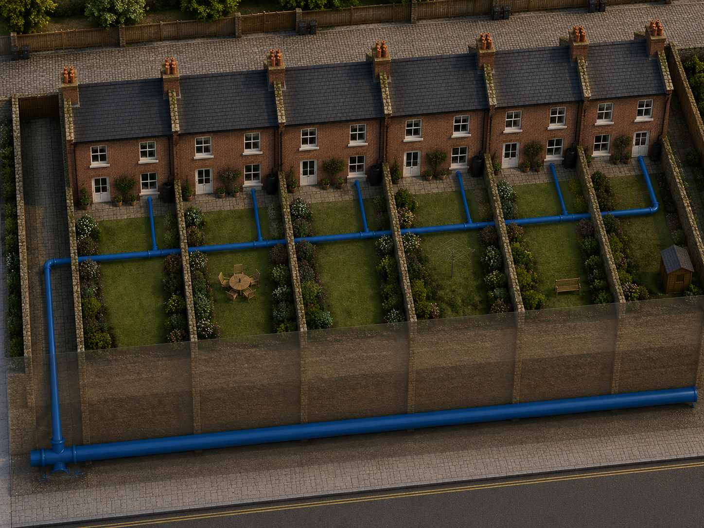 Aerial cutaway view of a row of Victorian terraced houses showing a single shared water supply pipe running along the rear of the properties, with short branches teeing off to serve each house, rather than each house having its own separate connection from the street.