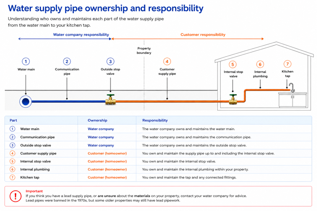 Diagram showing water supply pipe ownership from the water main to the kitchen tap. The water company is responsible for the water main, communication pipe and outside stop valve. The customer is responsible for the supply pipe, internal stop valve, internal plumbing and kitchen tap.